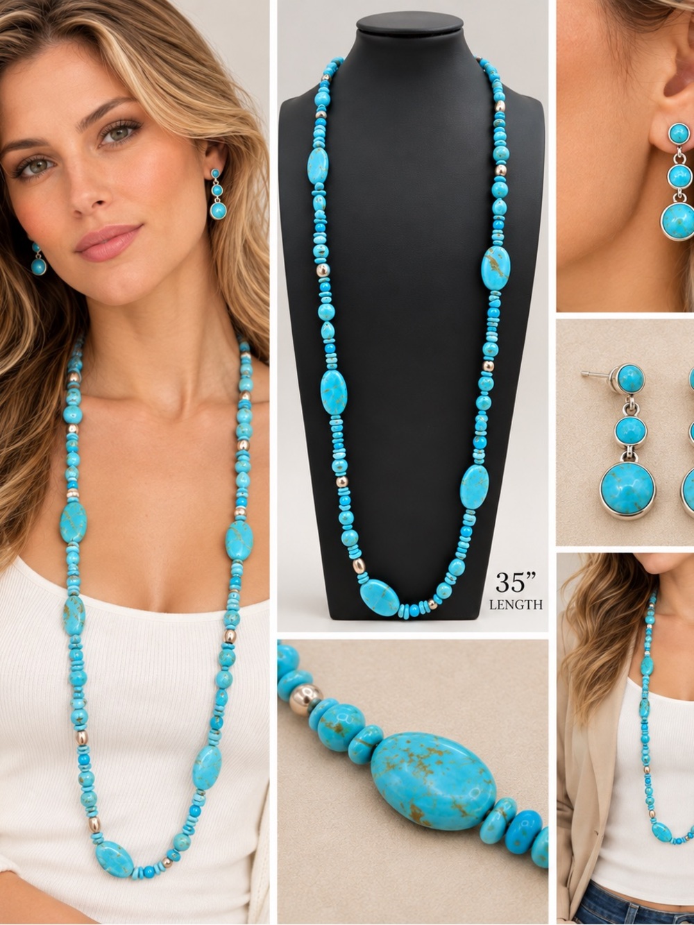 Carolyn Pollack Turquoise Beaded 35” Long Necklace & Matching Drop Earrings Set